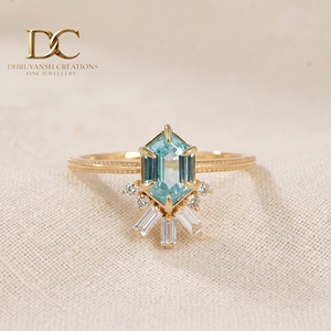 Bague élégante en or jaune massif 14 carats avec diamant de laboratoire et tourmaline Paraiba de laboratoire, bijoux pour femmes certifiés IGI - Product Image 6