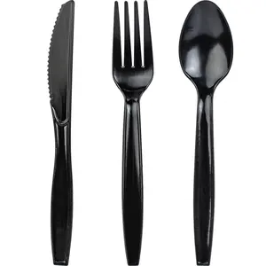 Coltello e forchetta in plastica addensata usa e getta cucchiaio da asporto stoviglie set di posate da viaggio nero traslucido