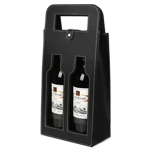 Wholesale PU Leather Red Wine Holder For 2 Bottles Carrier Leather Wine Bottle Bag Gift Tote Leather Wine Box