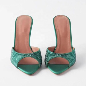 Nouvelles sandales d'été pour femmes à talons chaton hauts, bout pointu ouvert, mules à talons aiguilles ornées de strass brillants - Product Image 3