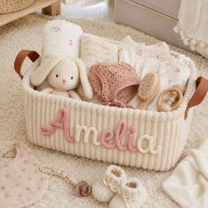 Panier de rangement pour bébé en velours côtelé personnalisé avec nom, pliable, pour la crèche, décoration esthétique bohème, pratique, pour nourrisson - Product Image 5