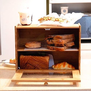 Boîte de rangement pour pain en bambou à 2 niveaux avec porte en verre, organisateur alimentaire de cuisine, conteneur de présentation - Product Image 4