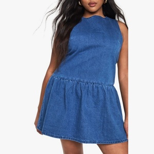 Hot Selling Women's Plus Size Denim Dress Dropped Waist Sleeveless <b>Tie</b> <b>Back</b> Mid Blue Wash Mini Dress - Product Image 4