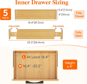 Diviseurs de tiroirs en bambou, lot de 5, organisation extensible pour vêtements, armoires, commodes, naturel - Product Image 2