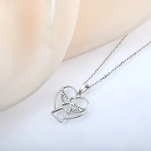 New fashionable custom baby girl angle wings love heart pendant minimalist cubic zirconia women necklace sets silver 925