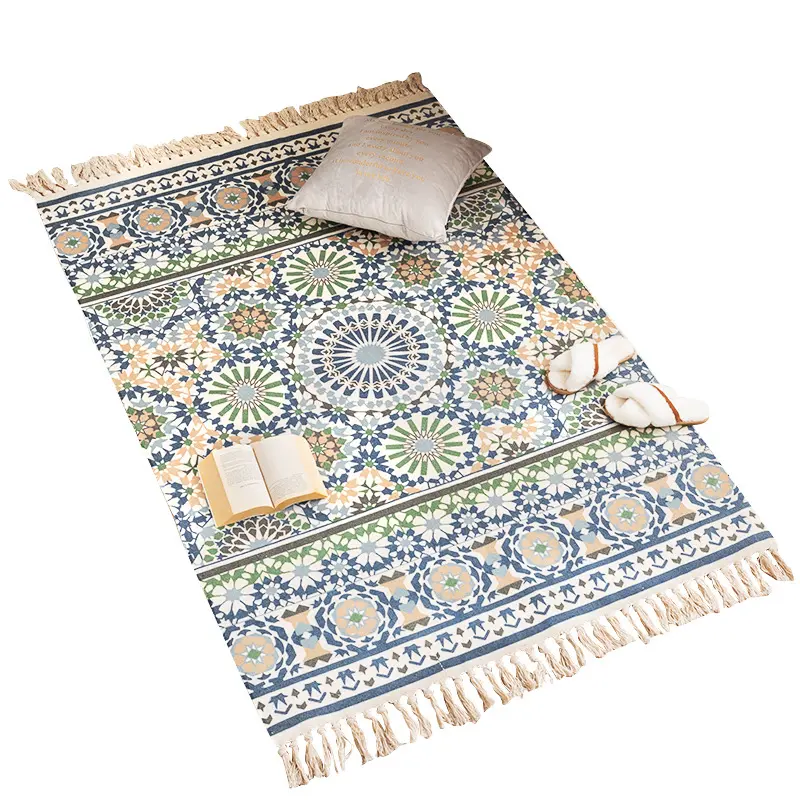 Simple woven cotton line floor mat,Ethnic style cotton linen tassel woven carpet