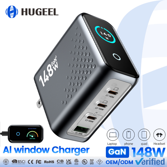 140W GaN Charger Manufacturer with PD3.1 Fast Charging Travel Adapter AI Smart Display for Phone Laptop Type C Desktop Charger