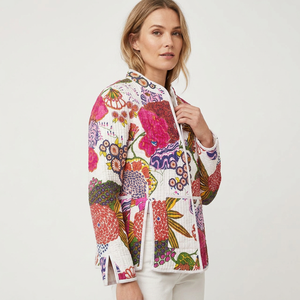 <b>Kantha</b> Quilted Reversible Digital Printing Cotton Short Floral Women's Winter Casual Hand Stitched Patchwork <b>Jacket</b> - Product Image 1