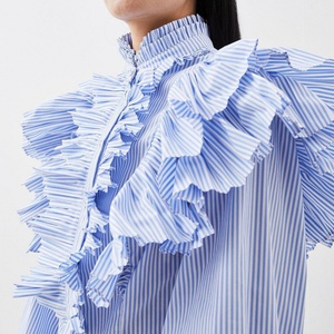 New Casual Woven Breathable Button Front Stripe Women'<b>s</b> <b>Blouse</b> Long Sleeve Slimming Shaping Waistline OEM - Product Image 2