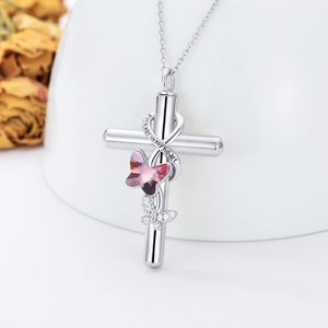 Collier urne en argent sterling 925 avec cristal rose en forme de papillon et de croix pour cendres, bijoux de crémation - Product Image 3