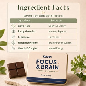 Kelaen Focus and Brain, <span class=keywords><strong>barre</strong></span> <span class=keywords><strong>chocolatée</strong></span> aux herbes, complément alimentaire avec <span class=keywords><strong>Lion</strong></span>'s Mane, Bacopa, L-Théanine - Product Image 4