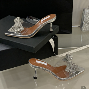 2025 Women's Transparent High Heels New Crystal Bow Stiletto Slides Anti-Slippery Ankle Strap <b>Sandals</b> for Summer - Product Image 5