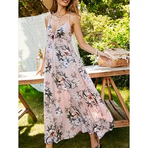 Sexy elegant fashion summer floral V-neck sleeveless Crisscross Back long maxi Dress boho vacation print flower loose dress