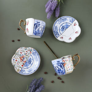 Ensemble de tasses et sous-tasses de café en céramique, forme hybride écologique, Design Unique, de luxe, avec poignée dorée - Product Image 3