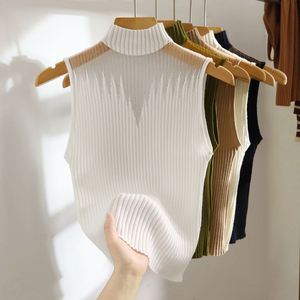 Haut court d'été sans manches à col semi-montant pour femme, camisole ajourée, chemise de base en maille tricotée, pull pour femme - Product Image 6