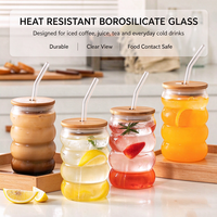 Gobelet en verre à effet ondulé, transparent, texturé, verre à boire unique, verrerie ondulée avec couvercle pour jus, eau, café
