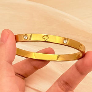 Luxury Designer Stainless Steel Gold <strong>Bracelet</strong> Set with Diamond Studs Featuring a Slim <strong>Waist</strong> and Clover Design Wholesale - Product Image 6