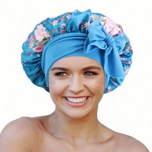 Women Floral Head Wraps Custom Satin Hair Bonnet Ankara Bonnet Satin Fashion Designer Bonnets With <b>Tie</b> - Product Image 1