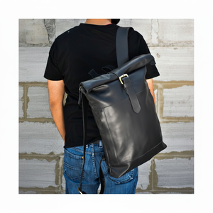Wholesale Waterproof <b>Backpack</b> Business Travel Computer Laptop Minimalist Leather <b>Roll</b> Top <b>Backpack</b> for Men LRTB-0010 - Product Image 1