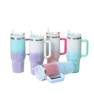 Gobelet isotherme en acier inoxydable 304 de 40 oz, couleur dégradée, avec paille et poignée, motif diamants et perles - Product Image 1