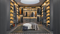 Armoire sur mesure Alland, luxe moderne, en forme de L, pour chambre à coucher, avec portes en verre MDF, éclairage LED, placard intégré