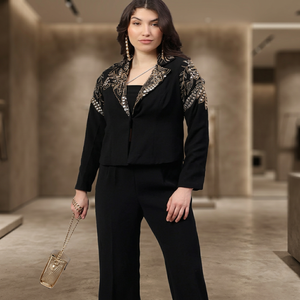 Elegant Abha Gold Work Crystal Pearls Black Casual Summer <b>Blazer</b> Bottom <b>Set</b> Contemporary Women Fashion Sophisticated Silhouette - Product Image 2