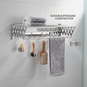 Porte-serviettes mural pliable en acier inoxydable avec crochets, finition poli miroir, 2 barres extensibles, support de serviettes de salle de bain - Product Image 1