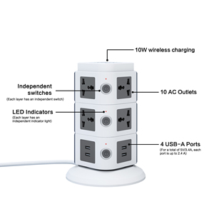 Tháp bảng điện nhiều lớp Phích cắm của Anh Chống sấm sét Tháp thẳng đứng Dây dẫn mở rộng với công tắc và sạc không dây - Product Image 2