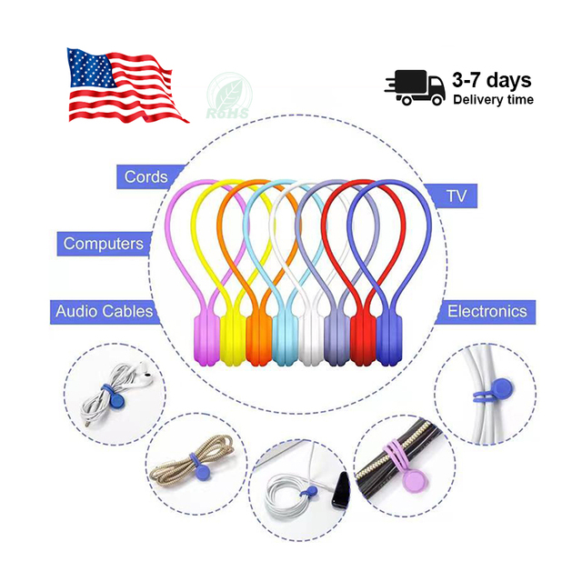 Silicone Reusable Colorful Magnetic Cable Rubber Zip Ties Clip for Electronics Magnetic Cable Organizer Cable Ties