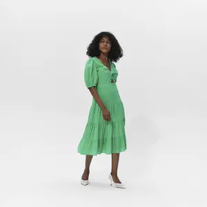 0829C No MOQ Fluorescent Green Dress Linen V-neck Casual Fashion Eleg Dress With Short Sleeve