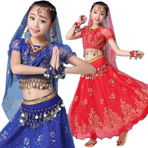 थोक भारतीय लड़कियों पेट नृत्य पोशाक सेट में सबसे ऊपर है और स्कर्ट और कमर श्रृंखला और Headpieces और कंगन नृत्य Seit 5 pcs