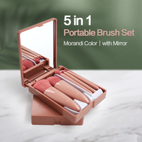 Échantillon gratuit ensemble de pinceaux de maquillage portables avec miroir ensemble de voyage 5 pièces brosse à poudre douce en Fiber outil de beauté pour cheveux