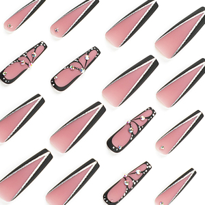Uñas prensadas personalizadas Manicura Acabado Largo Negro Mariposa Patrón francés Consejos Uñas postizas con diamantes - Product Image 3
