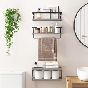 Ensemble de 3 étagères murales rustiques en <span class=keywords><strong>bois</strong></span> avec cadre métallique <span class=keywords><strong>et</strong></span> barre porte-serviettes pour salle de bain, <span class=keywords><strong>cuisine</strong></span>, chambre <span class=keywords><strong>et</strong></span> salon - Product Image 3