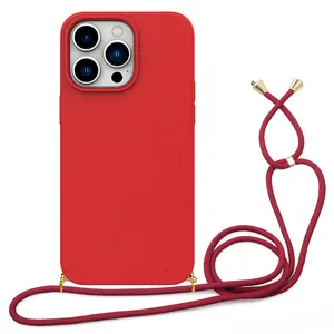 Casing ponsel untuk iPhone15, casing jerami gandum ramah lingkungan daur ulang tali Lanyard mudah terurai untuk iPhone 15 14 13 12