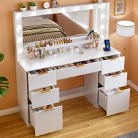 Coiffeuse blanche avec miroir lumineux, plateau en verre, tiroirs de rangement, grand meuble en verre trempé, ensemble de coiffeuse pour chambre à coucher