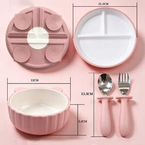Platos Divididos de Cerámica para Niños Pequeños, Platos y Tazones de Porcelana de 4 Piezas con Base de Silicona Antideslizante, Libres de BPA - Product Image 2