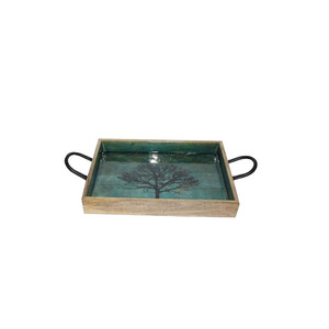 <b>DECORATIVE</b> GOLDEN GREEN COLOR WOODEN ENAMEL SERVING TRAY <b>KITCHEN</b> <b>DECORATIVE</b> WOOD TRAY and CHRISTMAS OCCASION CANDLE <b>DECOR</b> - Product Image 1