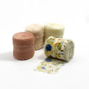 Handgemaakte Chiffon Zijde Ruw Rand Lint Gerafeld Bloem Bedrukt Stof Voor Bruids Boeket