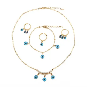 4PCS A Set ensembles de bijoux Crystal Rhinestone Blue Lucky Evil Eye Ring Earring Bracelet Necklace Fashion Jewelry Sets Women