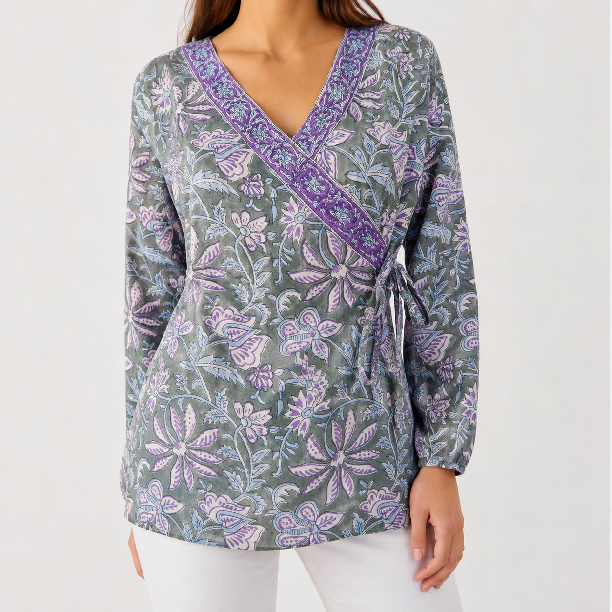 Custom Cotton Blouse Women Long Sleeve V Neck Floral Block Print Wrap Tunic Top Boho Green Purple Cotton Clothing Manufacturer