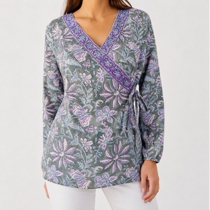 Chemisier en coton personnalisé pour <span class=keywords><strong>femme</strong></span>, manches longues, col en V, imprimé floral, tunique portefeuille, style bohème, vert et violet, fabricant de vêtements en coton - Product Image 1