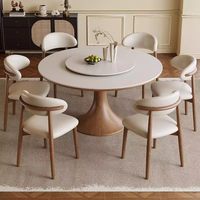 Retro Runder Massivholz-Esstisch mit Steinplatte und Lazy Susan, Esszimmerstuhl-Set Geeignet für Restaurants und Hotels