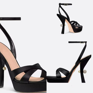 รองเท้าส้นสูงแบบรัดข้อเท้าประดับเพชรและมุกสำหรับผู้หญิง รองเท้าส้นเตี้ยแบบสายไขว้ผ้าซาตินสำหรับฤดูร้อน - Product Image 6