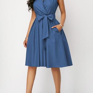 Vestido de Oficina Elegante de Verano para Mujer, Color Sólido Personalizado, Vestido Formal Profesional sin Mangas con Cinturón, Vestidos de Trabajo de Línea A - Product Image 3