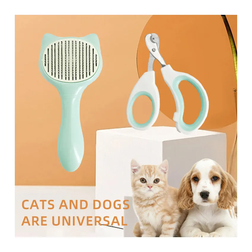 Estilo novedad gato estilo una tecla peine de pelo para mascotas cortauñas para mascotas cepillo de aseo para mascotas gato perro limpieza belleza conjunto