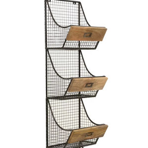 Estante de pared de hierro/madera con cuatro bloques, revistero de metal/madera de mango con acabado natural, precio al por mayor - Product Image 1