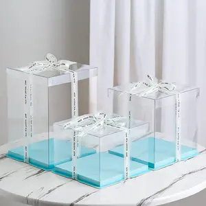 Tall Plastic Transparent Square Rigid Cake Packaging Box With Clear Cover