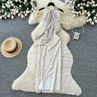 Robe midi à pois pour femmes, col halter, taille cintrée, robe élégante pour les vacances d'automne