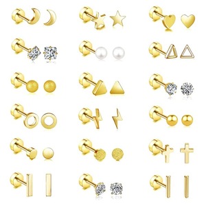 Lot <span class=keywords><strong>de</strong></span> 18 paires <span class=keywords><strong>de</strong></span> boucles d'oreilles plates pour <span class=keywords><strong>piercing</strong></span> <span class=keywords><strong>de</strong></span> cartilage, en acier hypoallergénique, motifs étoile, lune, fleur, cœur R.GEM. Bijoux - Product Image 1
